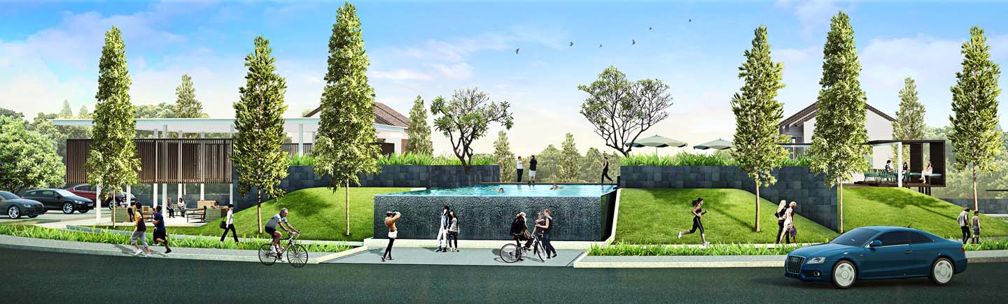 ilustrasi tampak depan kolam renang dalam cluster water terrace di kawasan pemukiman moderen grandwisata