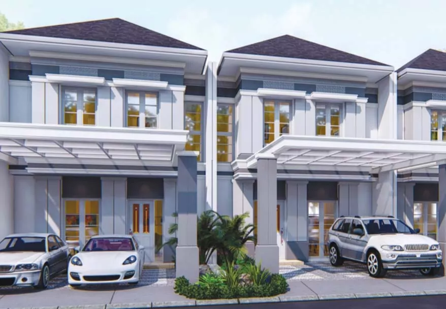ilustrasi tampak depan unit rumah cluster water terrace type 100 di kawasan pemukiman moderen grandwisata