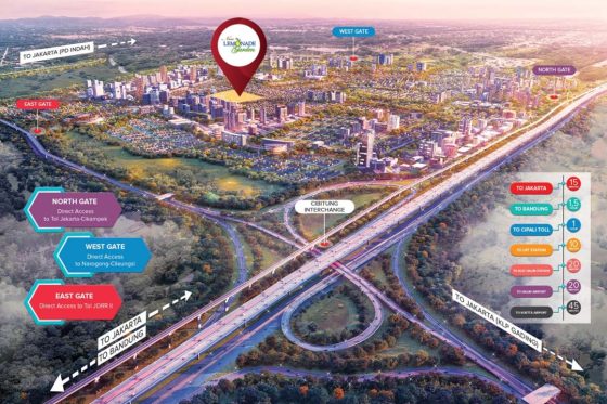 pemandangan kawasan pemukiman moderen grandwisata dari udara menunjukkan posisi rumah cluster new lemonade garden