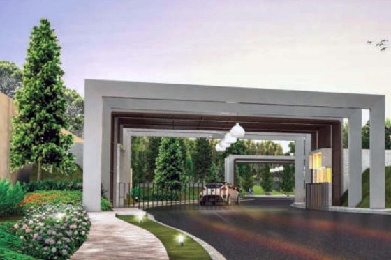 ilustrasi gerbang masuk rumah cluster water terrace di kawasan pemukiman moderen grandwisata