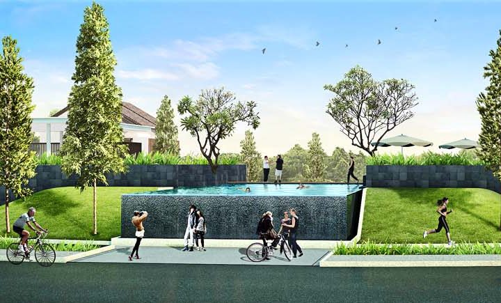 ilustrasi tampak depan kolam renang dalam cluster water terrace di kawasan pemukiman moderen grandwisata