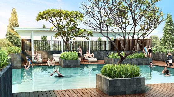 ilustrasi kondisi kolam renang dalam cluster water terrace di kawasan pemukiman moderen grandwisata