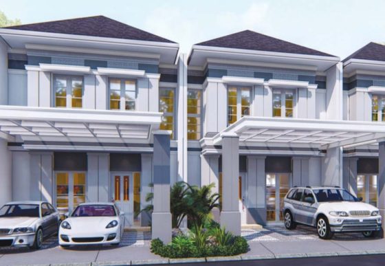 ilustrasi tampak depan unit rumah cluster water terrace type 100 di kawasan pemukiman moderen grandwisata
