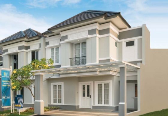 tampak depan rumah contoh unit rumah cluster water terrace type 118 di kawasan pemukiman moderen grandwisata