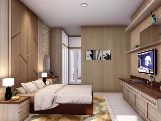 kamar utama unit rumah cluster water terrace type 100 di kawasan pemukiman moderen grandwisata