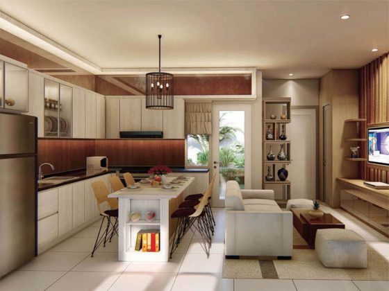 ruang keluarga rumah cluster water terrace type 100 di kawasan pemukiman moderen grandwisata
