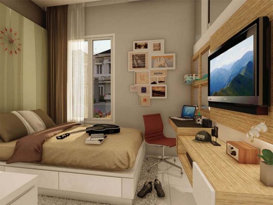 kamar utama unit rumah cluster water terrace type 118 di kawasan pemukiman moderen grandwisata