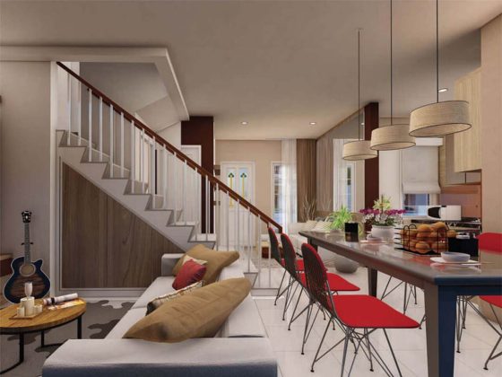 ruang keluarga rumah cluster water terrace type 118 di kawasan pemukiman moderen grandwisata