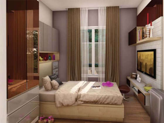 kamar utama unit rumah cluster water terrace type 126 di kawasan pemukiman moderen grandwisata