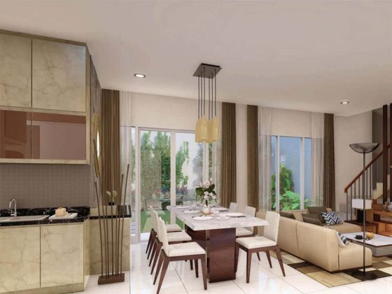 ruang tamu unit rumah cluster water terrace type 126 di kawasan pemukiman moderen grandwisata