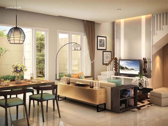 ruang tamu unit rumah cluster water terrace type 138 di kawasan pemukiman moderen grandwisata