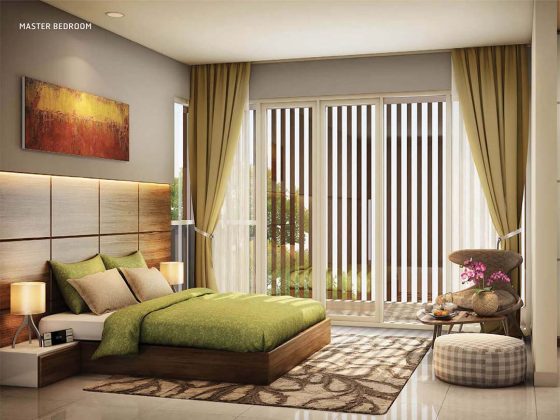 kamar utama unit rumah cluster water terrace type 138 di kawasan pemukiman moderen grandwisata