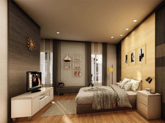 kamar utama unit rumah cluster water terrace type 145 di kawasan pemukiman moderen grandwisata